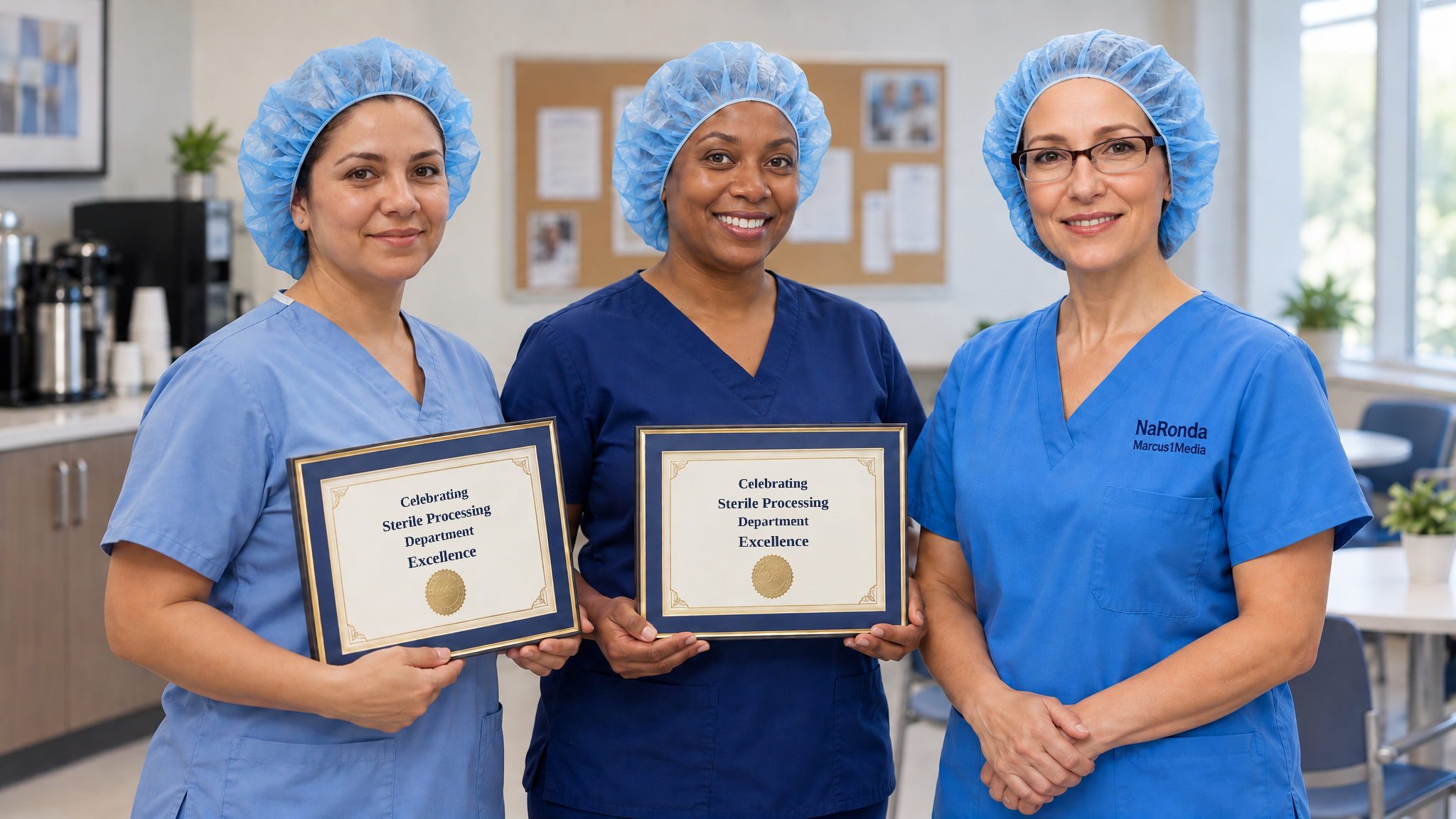 Two SPD team members holding framed awards in a staff breakroom, with NaRonda standing beside them; all three wear light blue disposable bouffant bonnets.